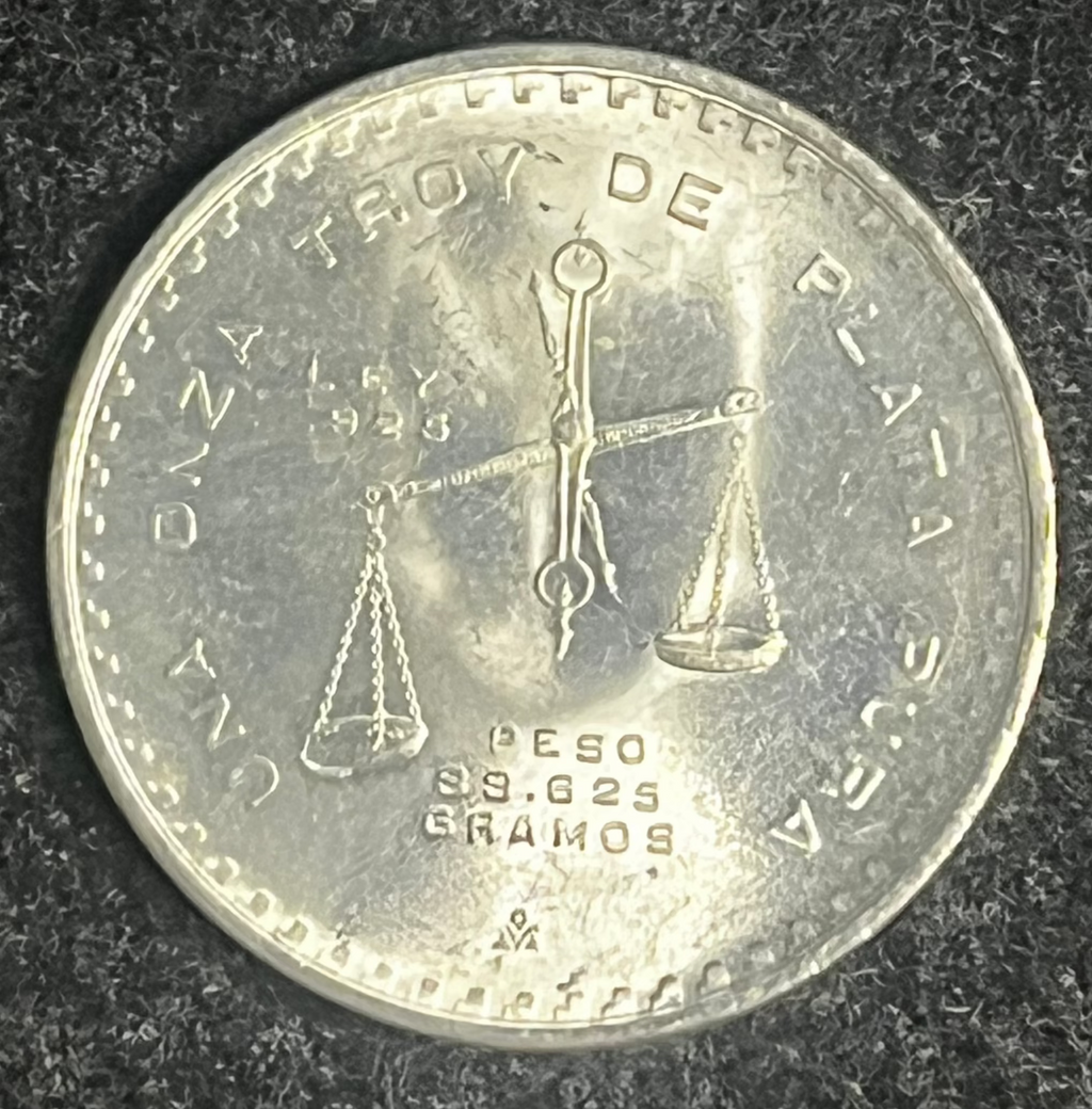 Silver coin with embossed design on a dark textured background