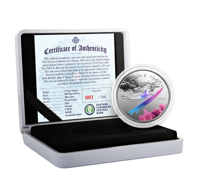St Kitts - 2022 Underwater Surfer Girl - 1 Ozt Colorized Sovereign in Collectors Case - 1 Ozt Sovereign - New from the Mint