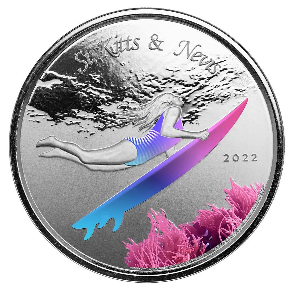 St Kitts - 2022 Underwater Surfer Girl - 1 Ozt Colorized Sovereign in Collectors Case - 1 Ozt Sovereign - New from the Mint