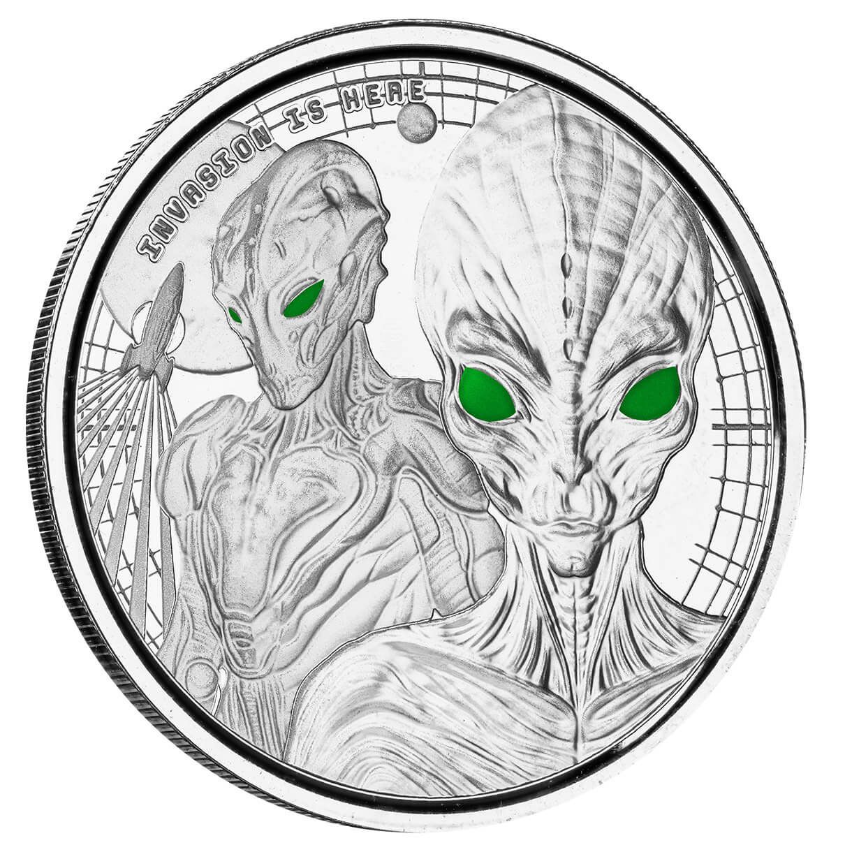 Ghana - 2023 Alien Invasion - Glow in the Dark - 1 Ozt Sovereign Plated in Black Rhodium  - New from the mint