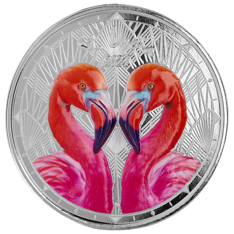 2024 St. Lucia | Flamingos | 1 Ozt .999 Fine Silver Colorized Sovereign in Collectors Case