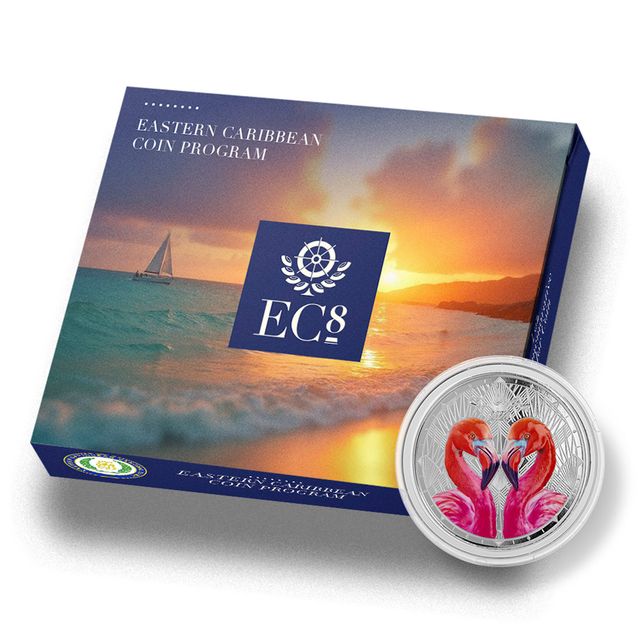 2024 St. Lucia | Flamingos | 1 Ozt .999 Fine Silver Colorized Sovereign in Collectors Case
