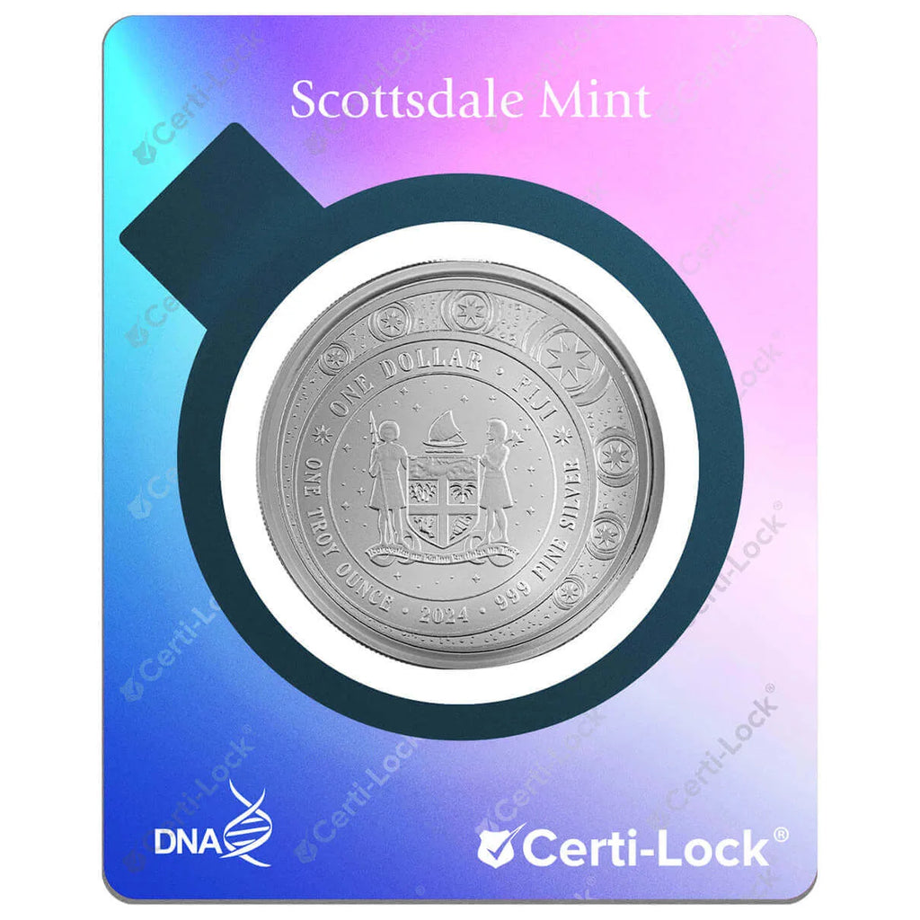 2024 Fiji | Unicorn "Azurea" | 1 Ozt .999 Fine Silver Colorized Sovereign in CertiLock Card