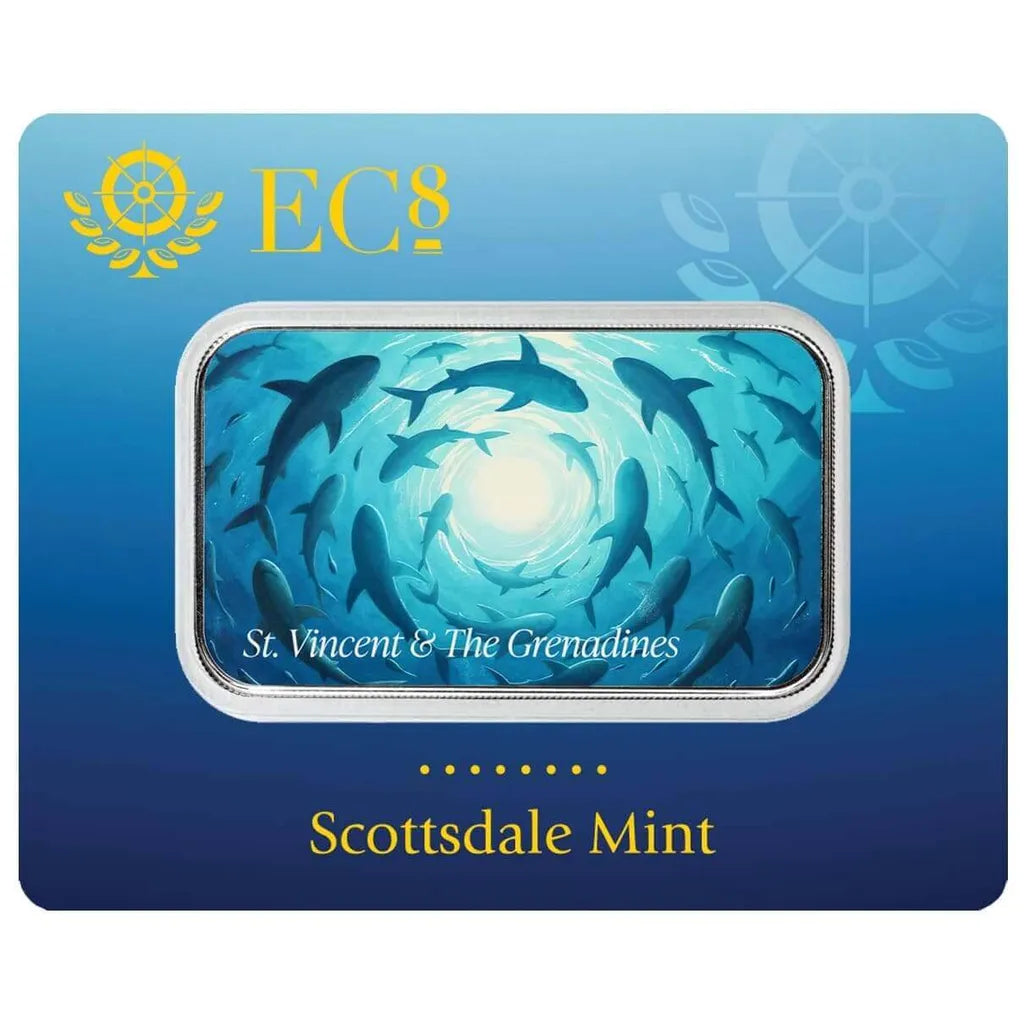 St Vincent - Swirling Sharks - 1 Ozt .999 Fine Silver Art Bar
