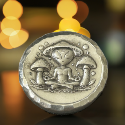 2 Troy oz Solid Silver Round, Hippy Alien & Magic Mushrooms