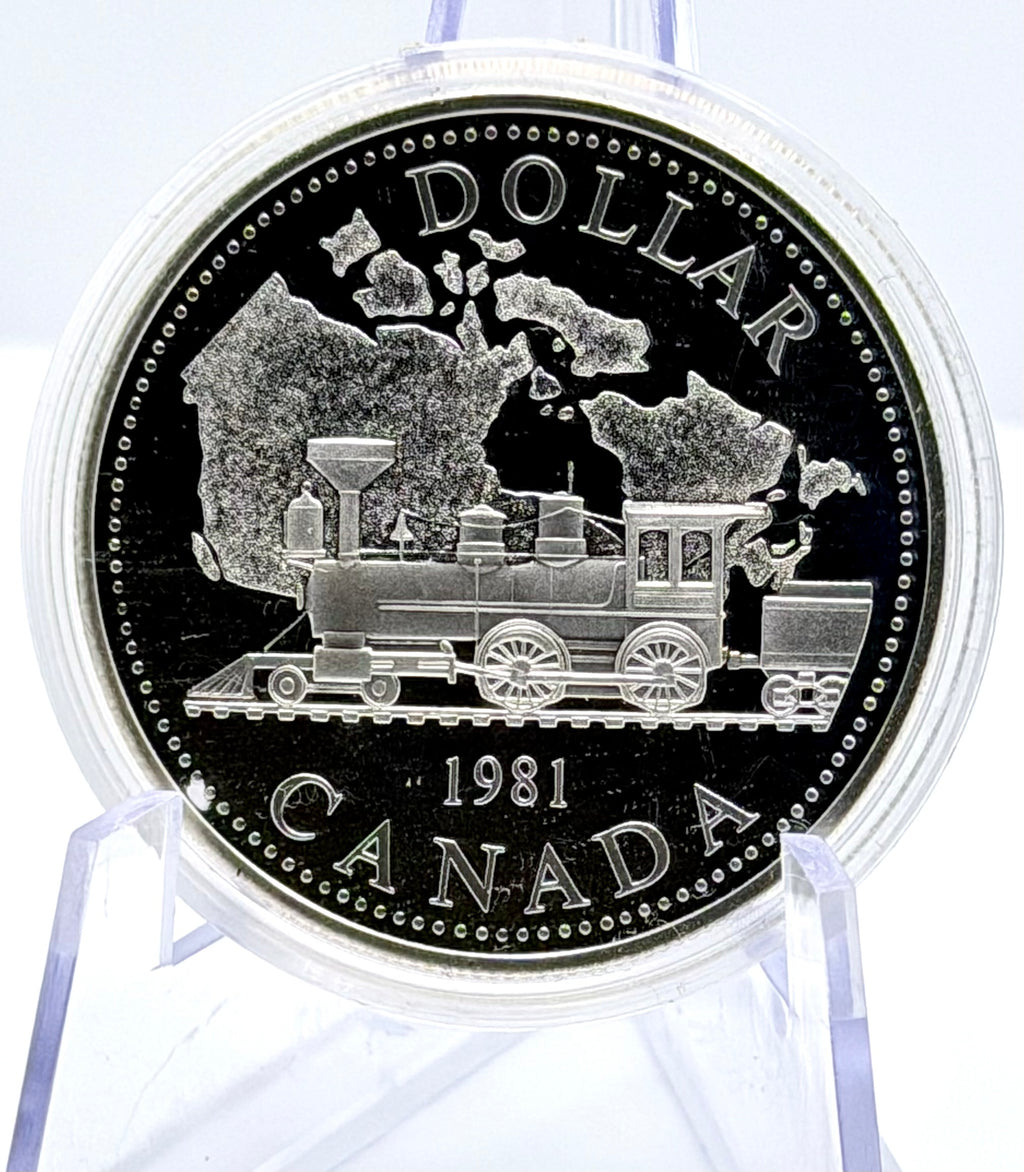1981 $1 Canadian Trans Continental Railway Commemorative Silver Dollar in Capsule