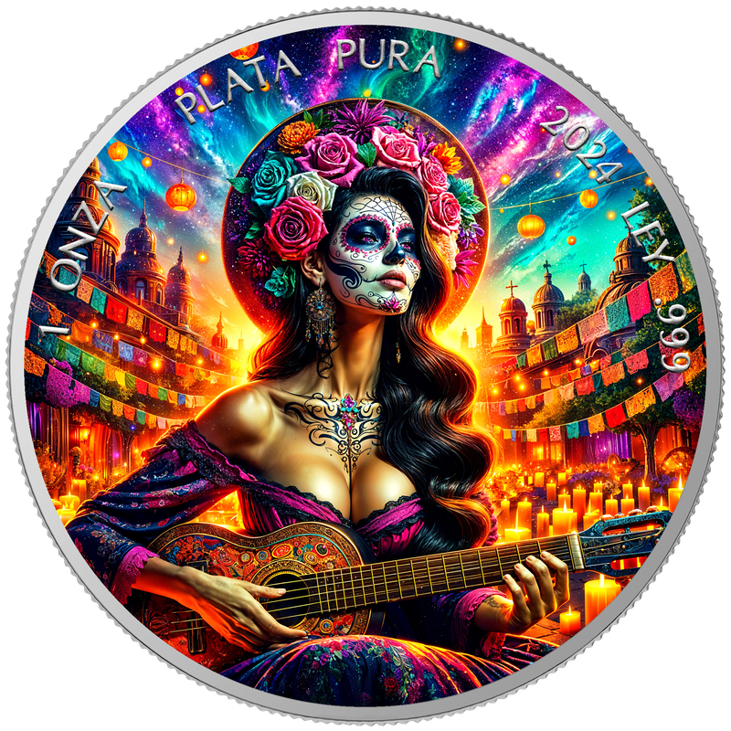 2024 Mexico Libertad Dia de los Muertos Guitarist Sunrise Limited Edition 1 oz Silver Coin