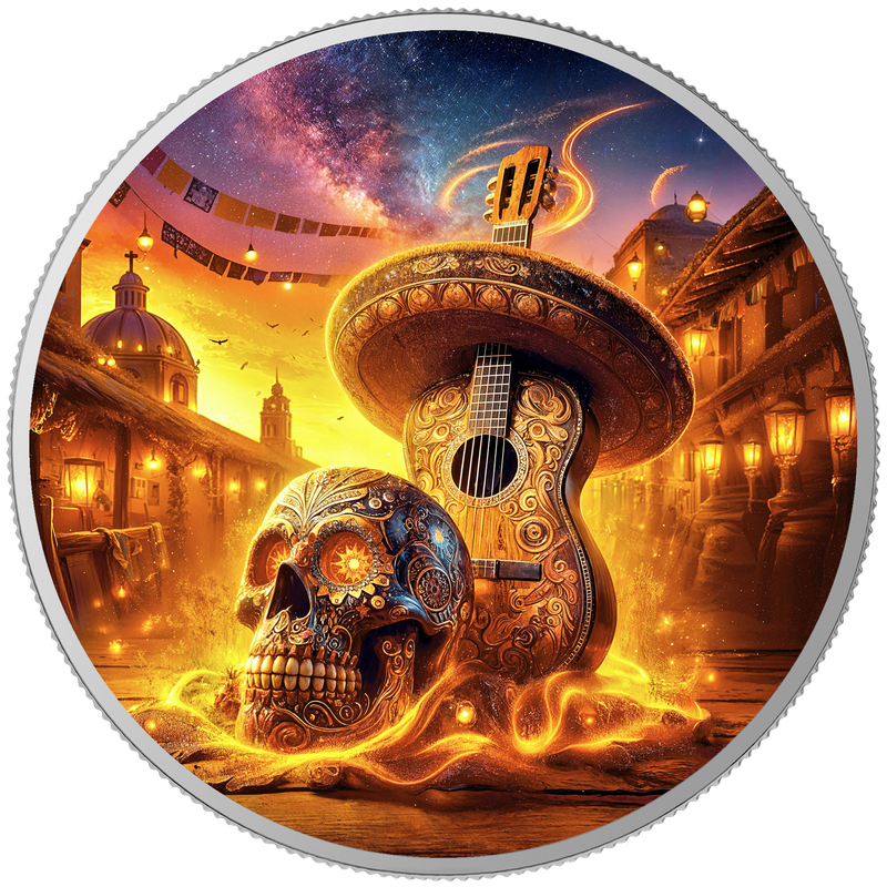 2024 Mexico Libertad Dia de los Muertos Guitarist Sunrise Limited Edition 1 oz Silver Coin