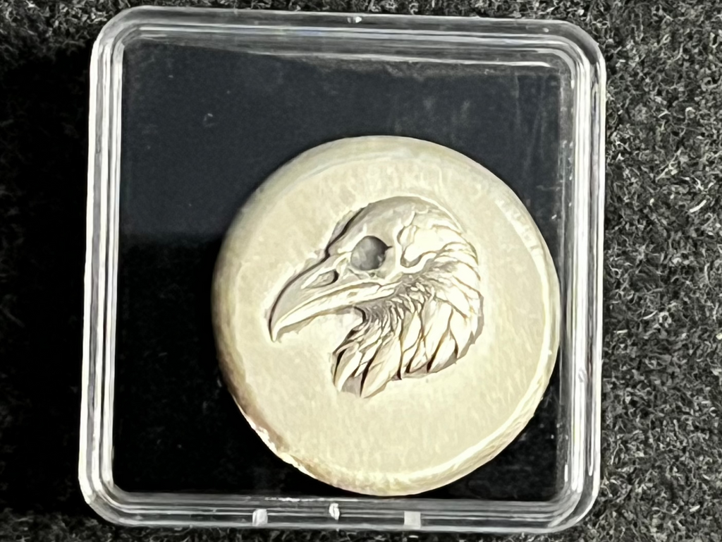 Coin with a bird design in a clear protective case on a textured black background