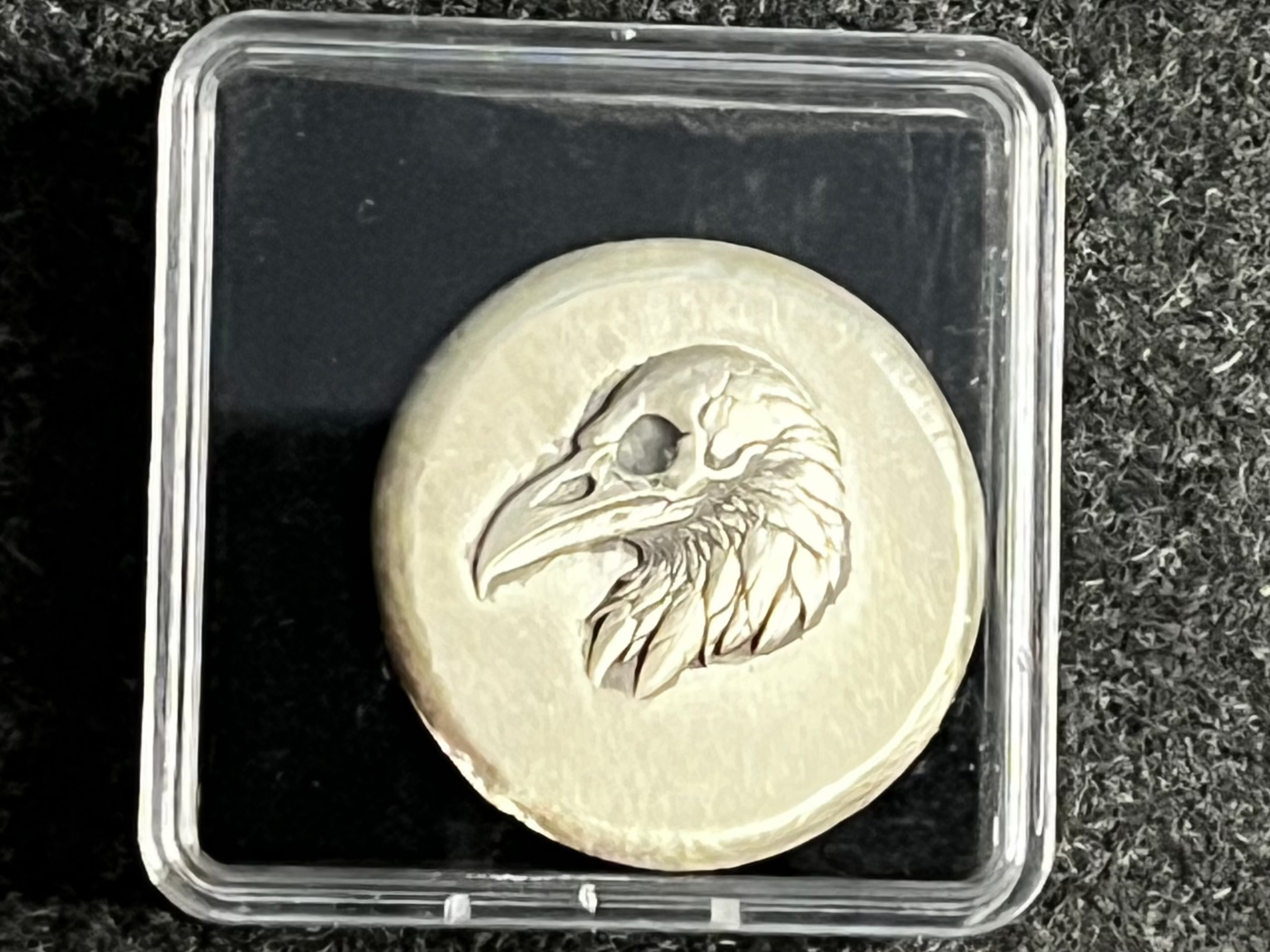 Coin with a bird design in a clear protective case on a textured black background
