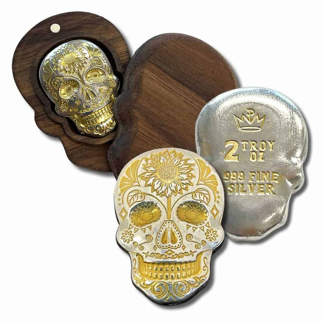 Monarch 2 Ozt -Gold Plated Sunflower Sugar Skull - Day of the Dead -  with Custom Box - .999 Fine Silver