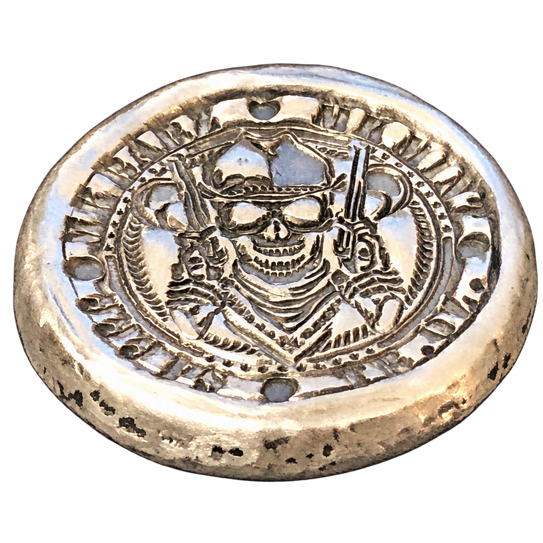 1 Oz 'Gun Wielding Skeleton Cowboy' - Hand Poured .999 Fine Silver Round