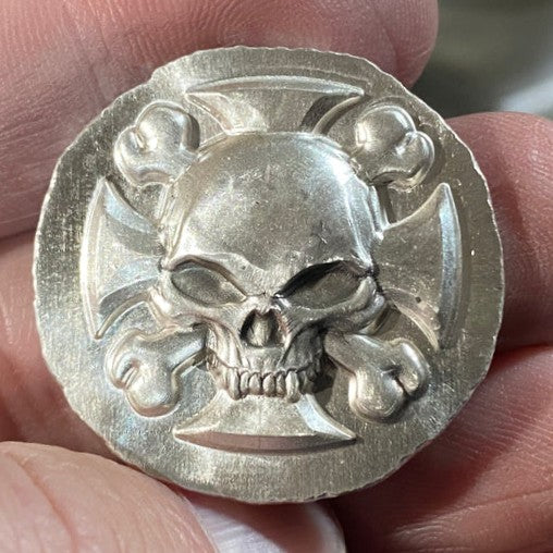 1 oz Iron Cross Skull - Hand Poured .999 Fine Silver Round