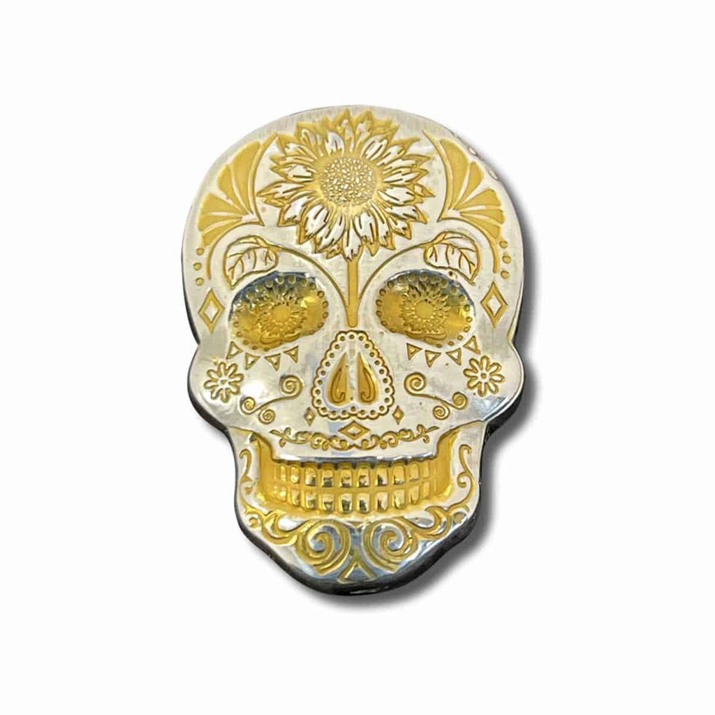 Monarch 2 Ozt -Gold Plated Sunflower Sugar Skull - Day of the Dead -  with Custom Box - .999 Fine Silver