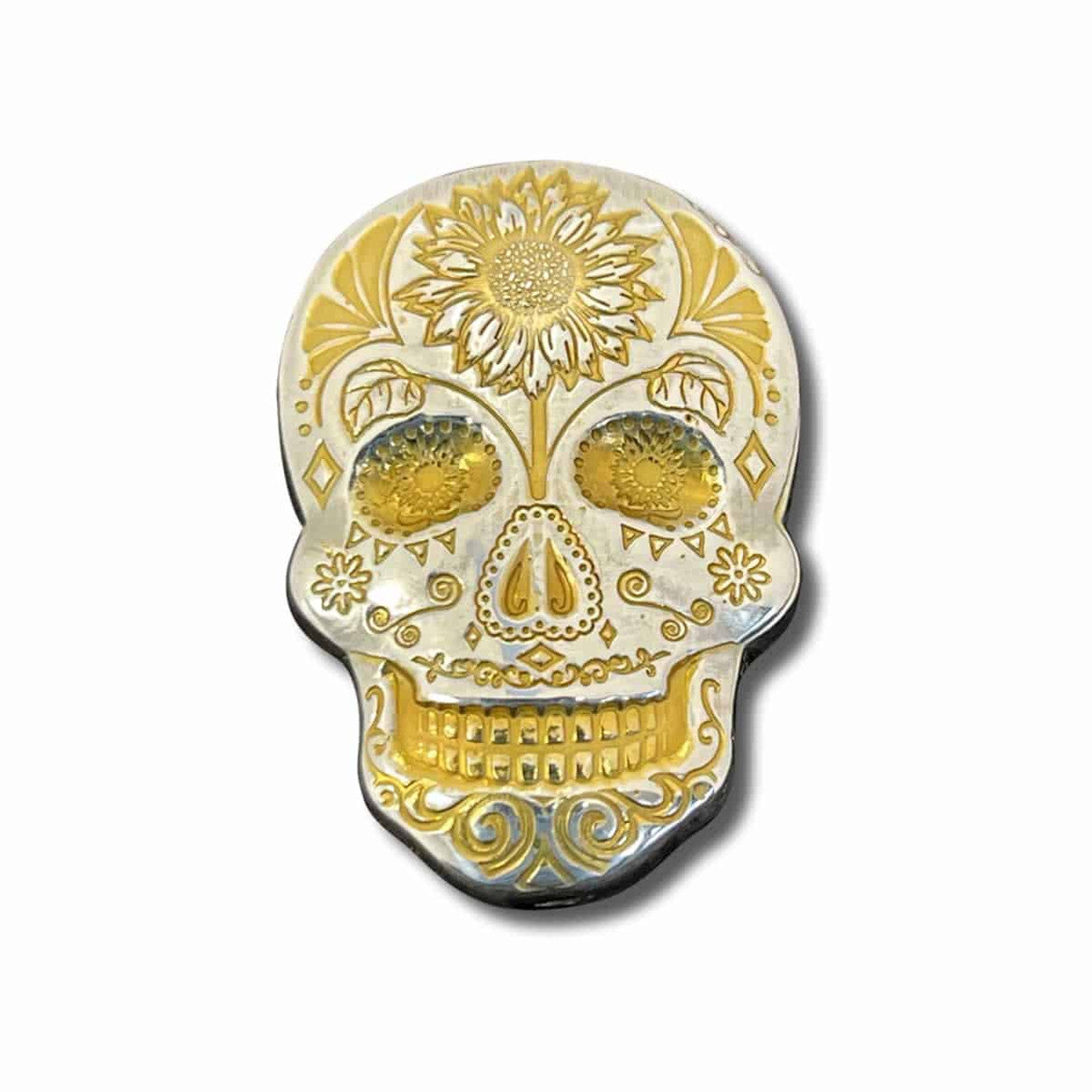 Monarch 2 Ozt -Gold Plated Sunflower Sugar Skull - Day of the Dead -  with Custom Box - .999 Fine Silver