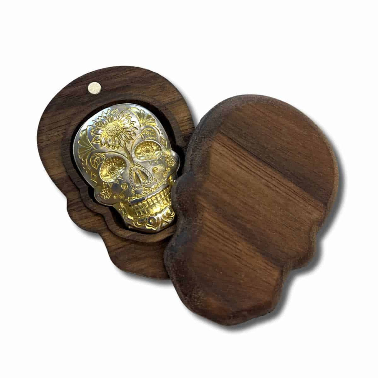 Monarch 2 Ozt -Gold Plated Sunflower Sugar Skull - Day of the Dead -  with Custom Box - .999 Fine Silver