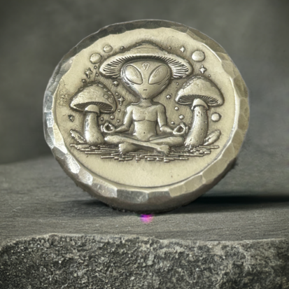 2 Troy oz Solid Silver Round, Hippy Alien & Magic Mushrooms